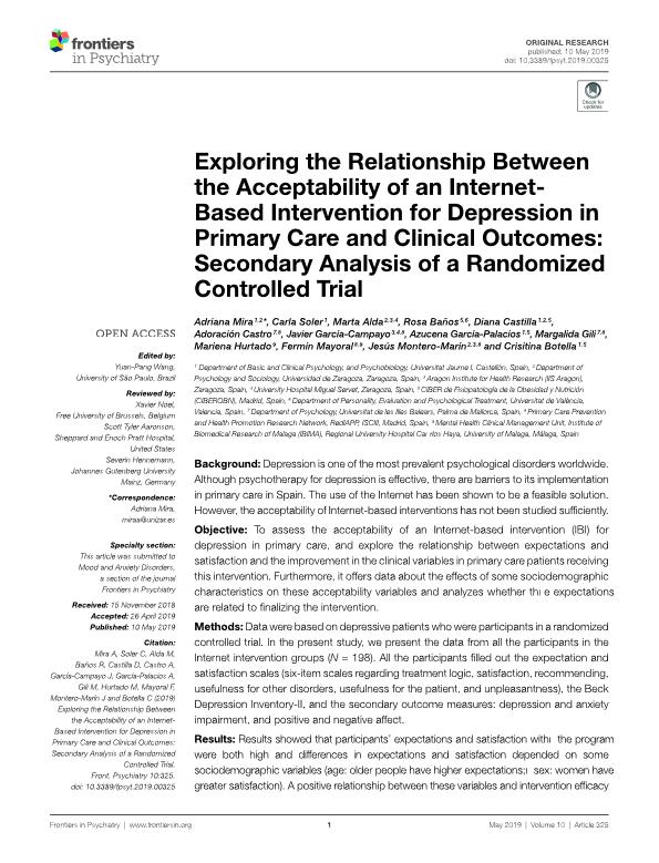 Exploring the Relationship Between the Acceptability of an Internet-Based Intervention for Depression in Primary Care and Clinical Outcomes: Secondary Analysis of a Randomized Controlled Trial