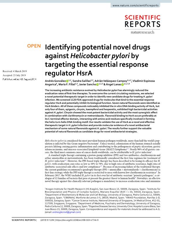 Identifying potential novel drugs against Helicobacter pylori by targeting the essential response regulator HsrA