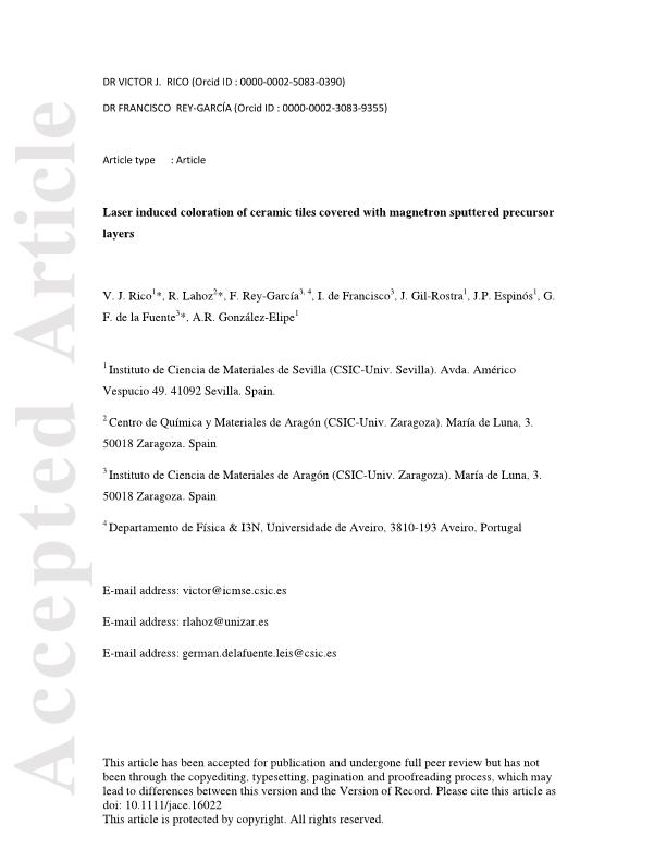Laser-induced coloration of ceramic tiles covered with magnetron sputtered precursor layers