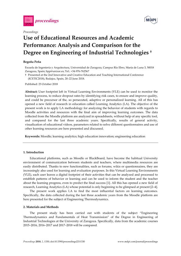 Use of educational resources and academic performance: analysis and comparison for the degree on engineering of industrial technologies