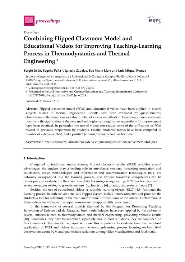 Combining flipped classroom model and educational videos for improving teaching-learning process in thermodynamics and thermal engineering