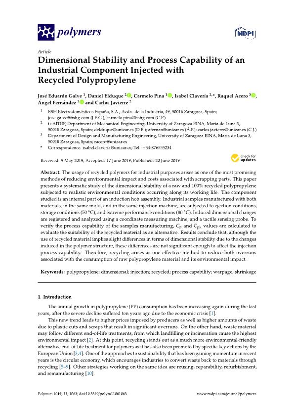 Dimensional Stability and Process Capability of an Industrial Component Injected with Recycled Polypropylene