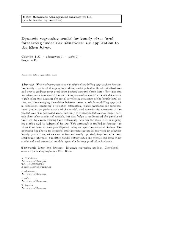 Dynamic regression model for hourly river level forecasting under risk situations: An application to the Ebro River