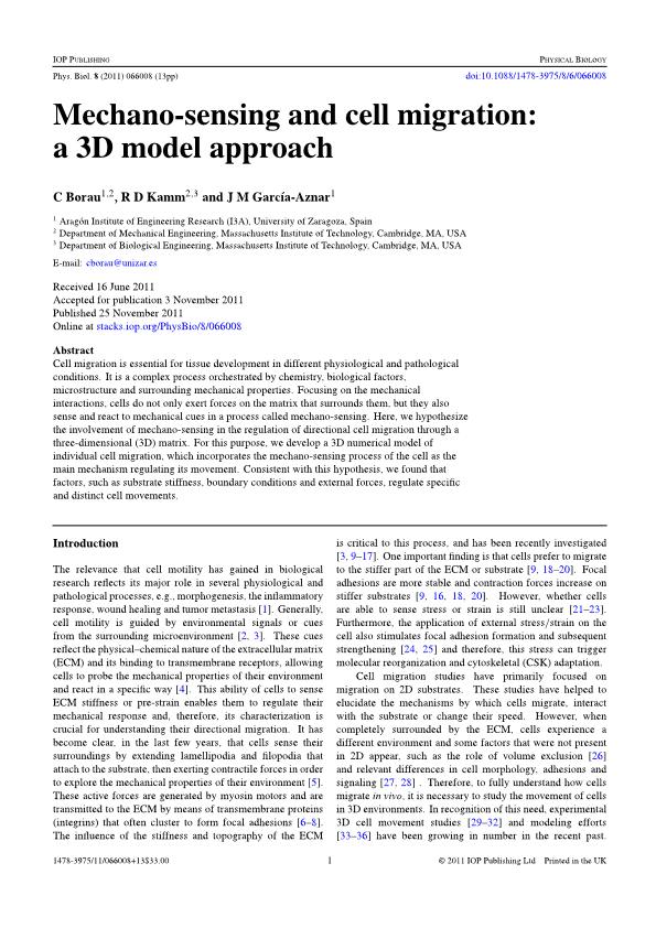Mechano-sensing and cell migration: A 3D model approach