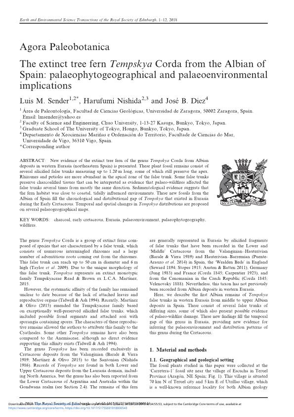 The extinct tree fern Tempskya Corda from the Albian of Spain: Palaeophytogeographical and palaeoenvironmental implications