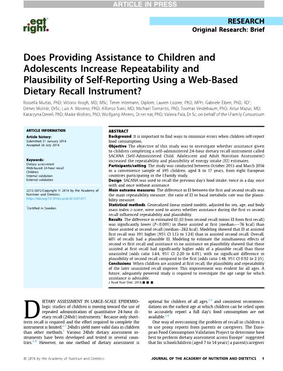 Does Providing Assistance to Children and Adolescents Increase Repeatability and Plausibility of Self-Reporting Using a Web-Based Dietary Recall Instrument?
