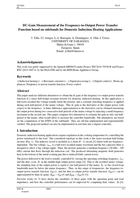 DC-Gain Measurement of the Frequency-to-Output Power Transfer Function based on sidebands for Domestic Induction Heating Applications