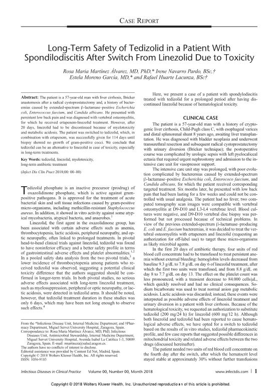 Long-Term Safety of Tedizolid in a Patient With Spondilodiscitis After Switch From Linezolid Due to Toxicity