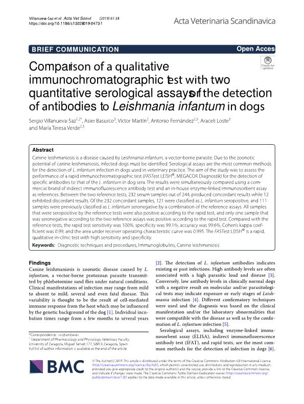 Comparison of a qualitative immunochromatographic test with two quantitative serological assays for the detection of antibodies to Leishmania infantum in dogs