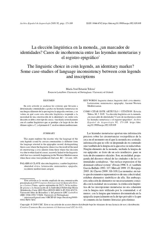 La elección lingüística en la moneda, ¿un marcador de identidades? Casos de incoherencia entre las leyendas monetarias y el registro epigráfico