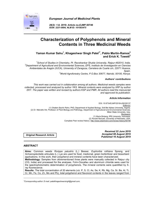 Characterization of polyphenols and mineral contents in three medicinal weeds
