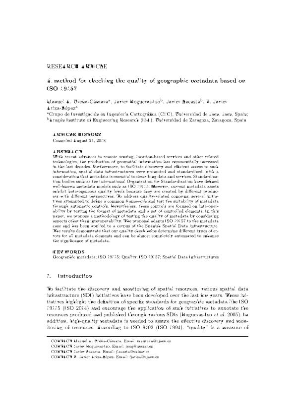 A method for checking the quality of geographic metadata based on ISO 19157