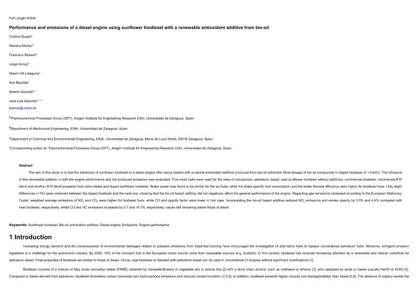 Performance and emissions of a diesel engine using sunflower biodiesel with a renewable antioxidant additive from bio-oil