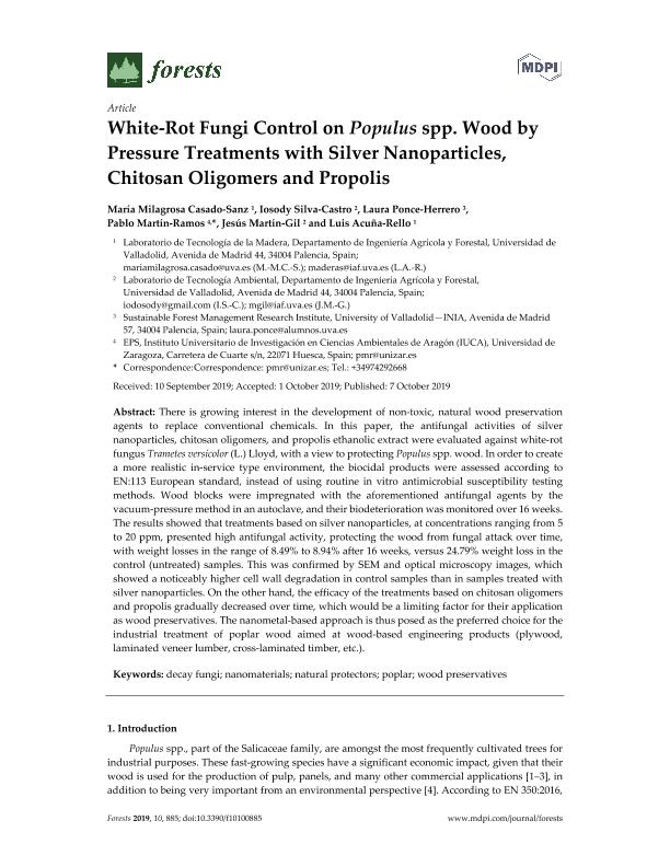 White-rot fungi control on Populus spp. Wood by pressure treatments with silver nanoparticles, chitosan oligomers and propolis