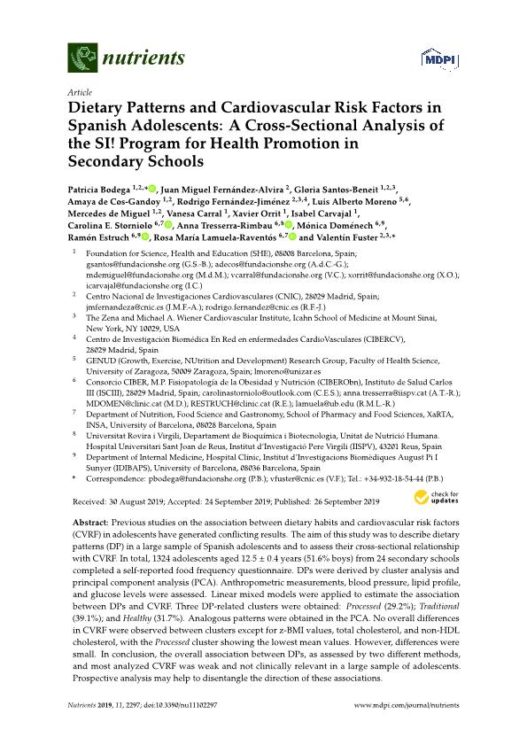 Dietary Patterns and Cardiovascular Risk Factors in Spanish Adolescents: A Cross-Sectional Analysis of the SI! Program for Health Promotion in Secondary Schools