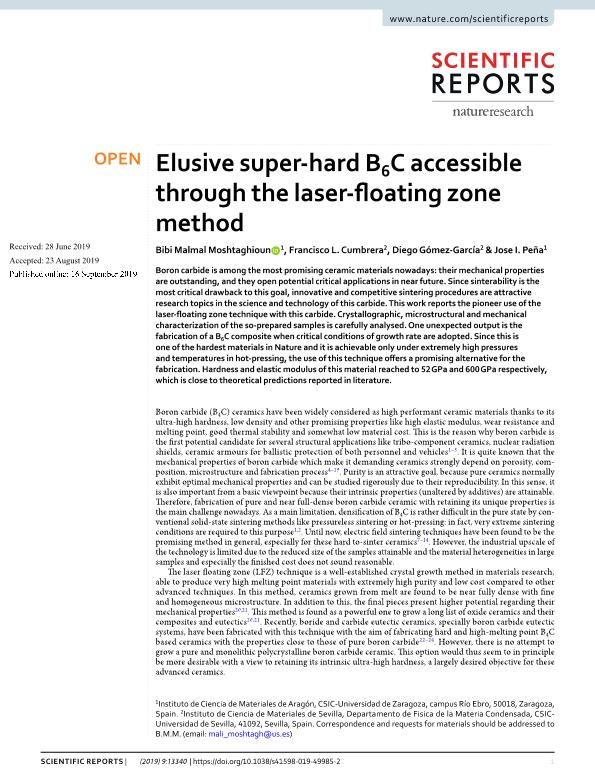 Elusive super-hard B6C accessible through the laser-floating zone method