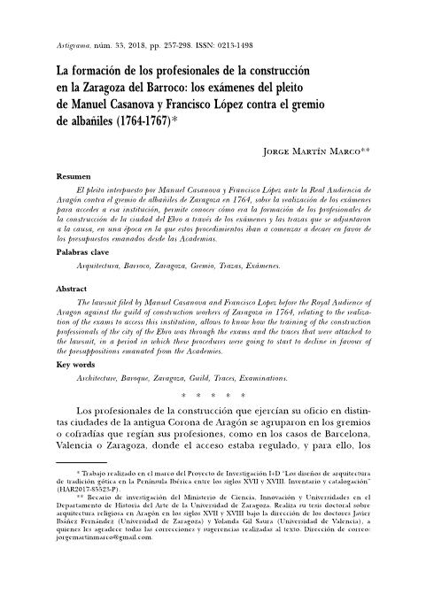 La formación de los profesionales de la construcción en la Zaragoza del Barroco: los exámenes del pleito de Manuel Casanova y Francisco López contra el gremio de albañiles (1764-1767)