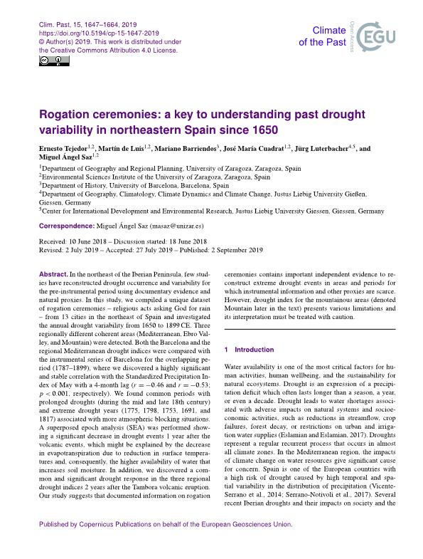 Rogation ceremonies: A key to understanding past drought variability in northeastern Spain since 1650