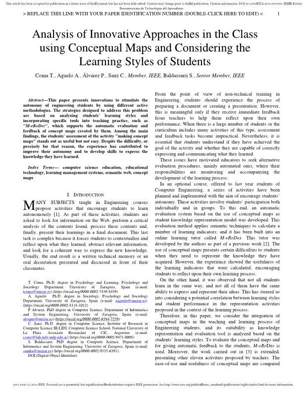 Analysis of Innovative Approaches in the Class Using Conceptual Maps and Considering the Learning Styles of Students