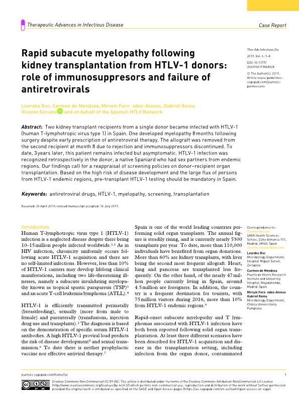 Rapid subacute myelopathy following kidney transplantation from HTLV-1 donors: role of immunosuppresors and failure of antiretrovirals