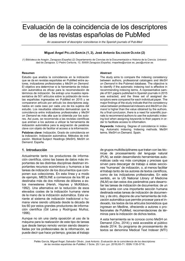 Evaluación de la coincidencia de los descriptores de las revistas españolas de PubMed