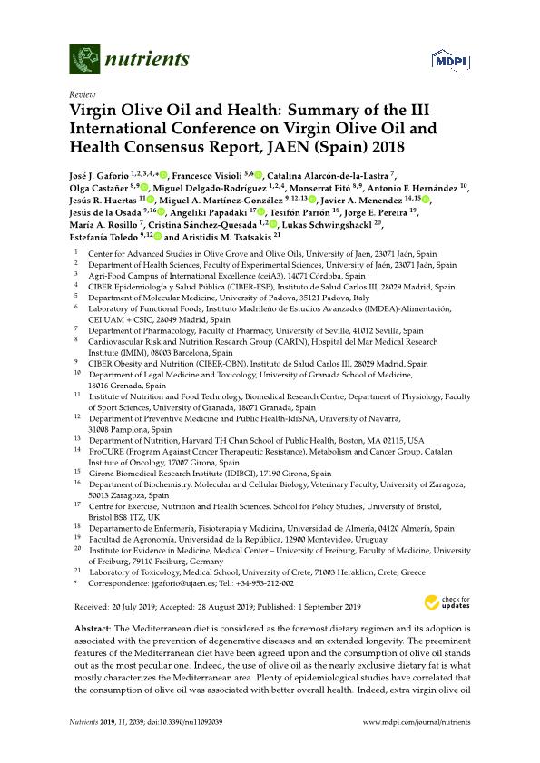 Virgin Olive Oil and Health: Summary of the III International Conference on Virgin Olive Oil and Health Consensus Report, JAEN (Spain) 2018