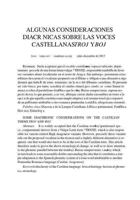 Algunas consideraciones diacrónicas sobre las voces castellanas 