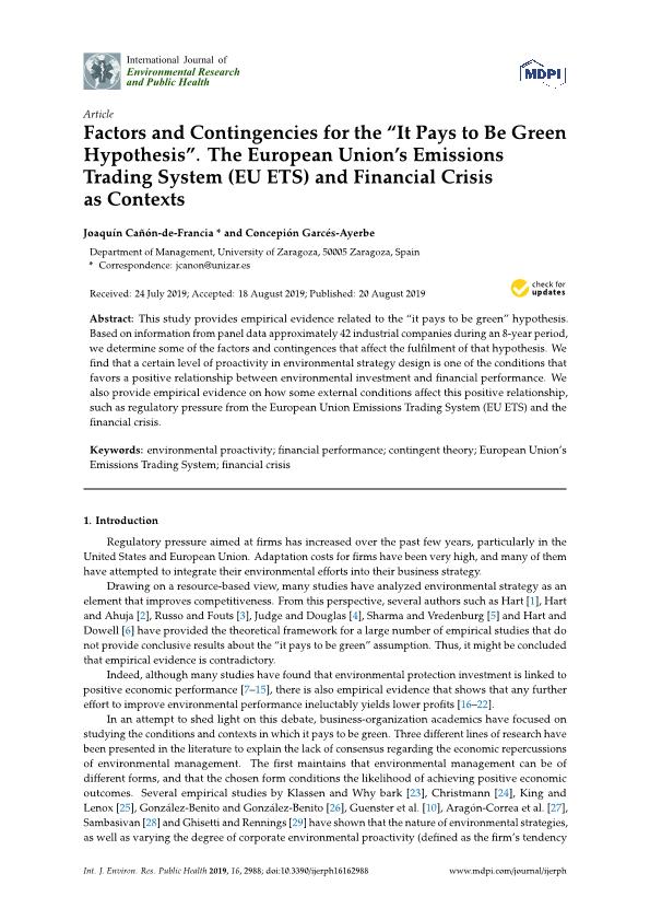 Factors and contingencies for the “it pays to be green hypothesis”. The european union’s emissions trading system (EU ETS) and financial crisis as contexts