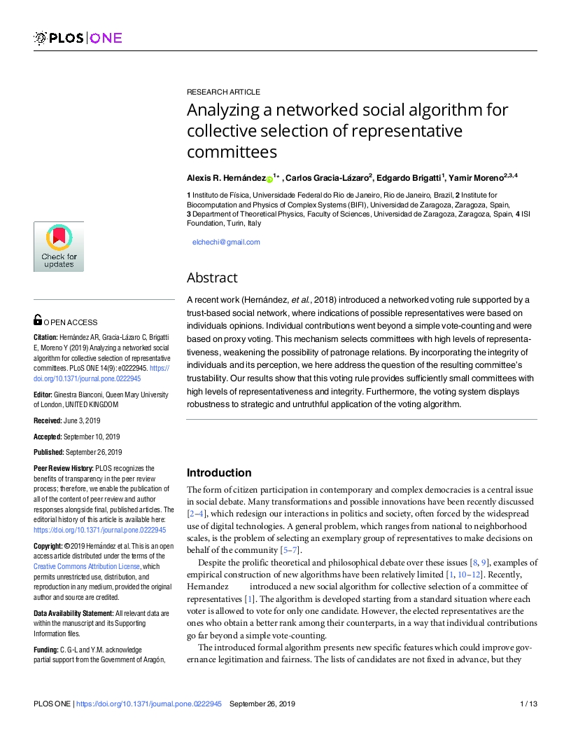 Analyzing a networked social algorithm for collective selection of representative committees
