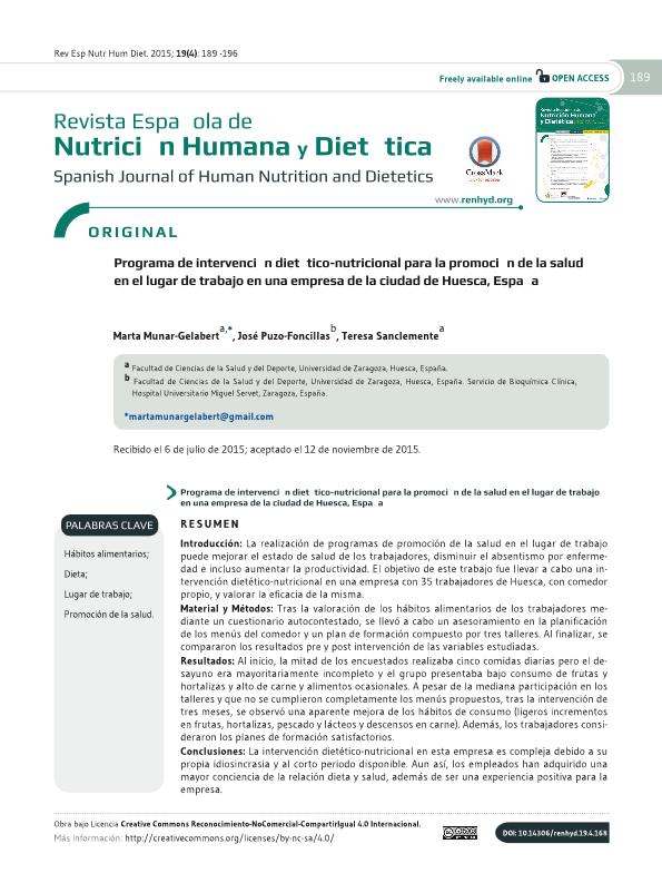 Programa de intervención dietético-nutricional para la promoción de la salud en el lugar de trabajo en una empresa de la ciudad de Huesca, España