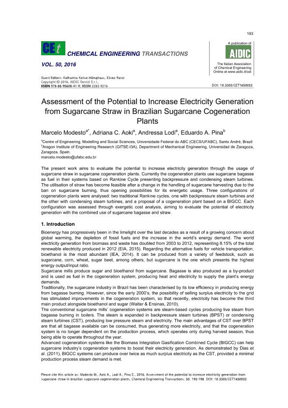 Assessment of the potential to increase electricity generation from sugarcane straw in brazilian sugarcane cogeneration plants