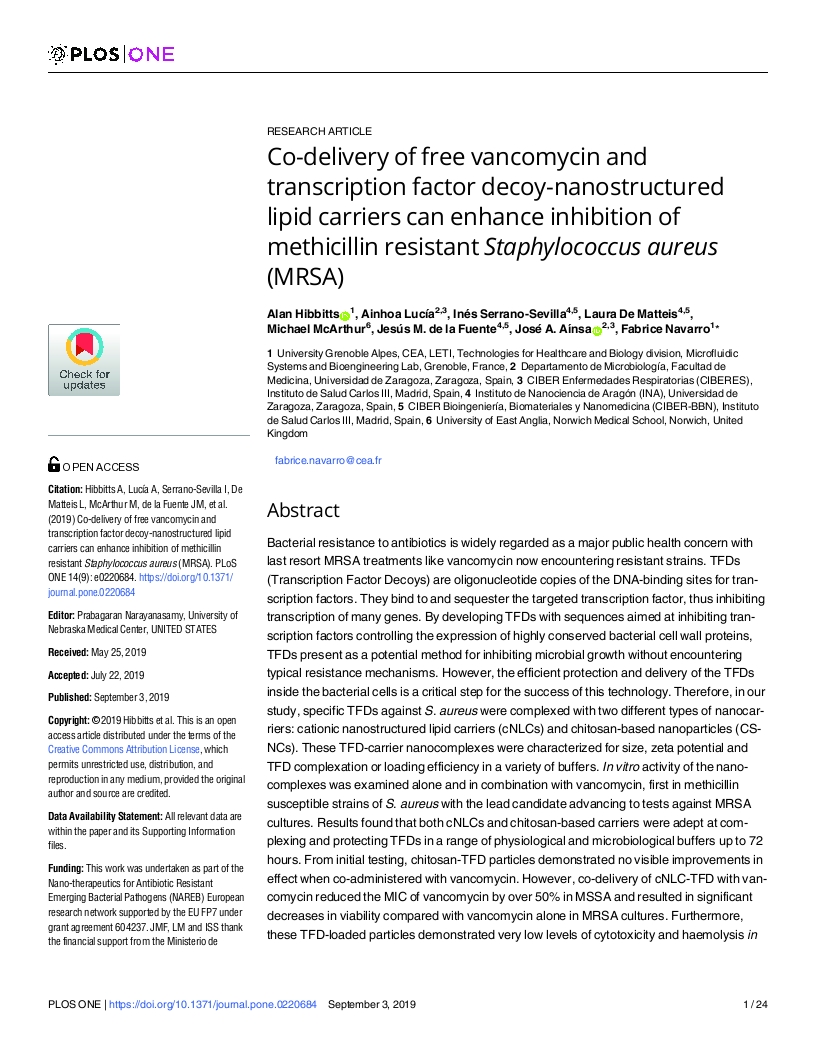 Co-delivery of free vancomycin and transcription factor decoy-nanostructured lipid carriers can enhance inhibition of methicillin resistant Staphylococcus aureus (MRSA)