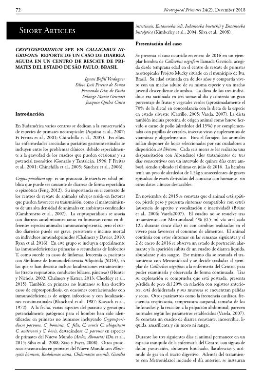 Cryptosporidium spp. en Callicebus nigrifons: reporte de un caso de diarrea aguda en un centro de rescate de primates del estado de Sao Paulo, Brasil