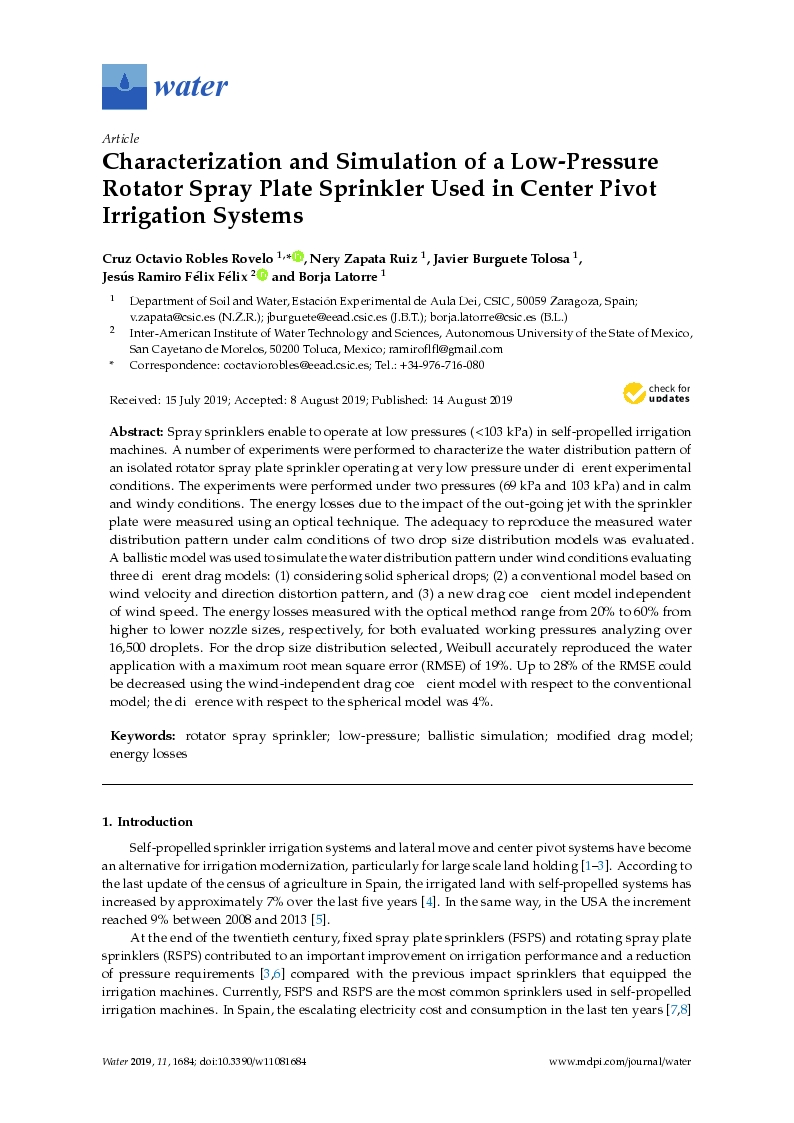 Characterization and simulation of a low-pressure rotator spray plate sprinkler used in center pivot irrigation systems