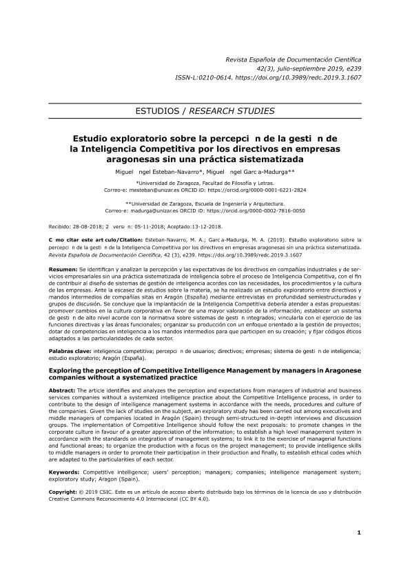 Estudio exploratorio sobre la percepción de la gestión de la Inteligencia Competitiva por los directivos en empresas aragonesas sin una práctica sistematizada