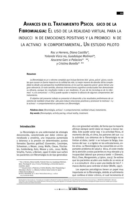 Avances en el tratamiento psicológico de la fibromialgia. El uso de la realidad virtual para la inducción de emociones positivas y la promoción de la activación comportamental. Un estudio piloto