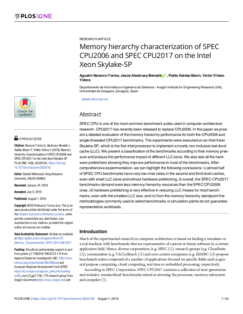Memory hierarchy characterization of SPEC CPU2006 and SPEC CPU2017 on the Intel Xeon Skylake-SP