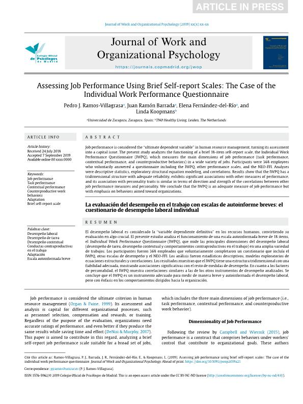 Assessing job performance using brief self-report scales: the case of the  individual work performance questionnaire