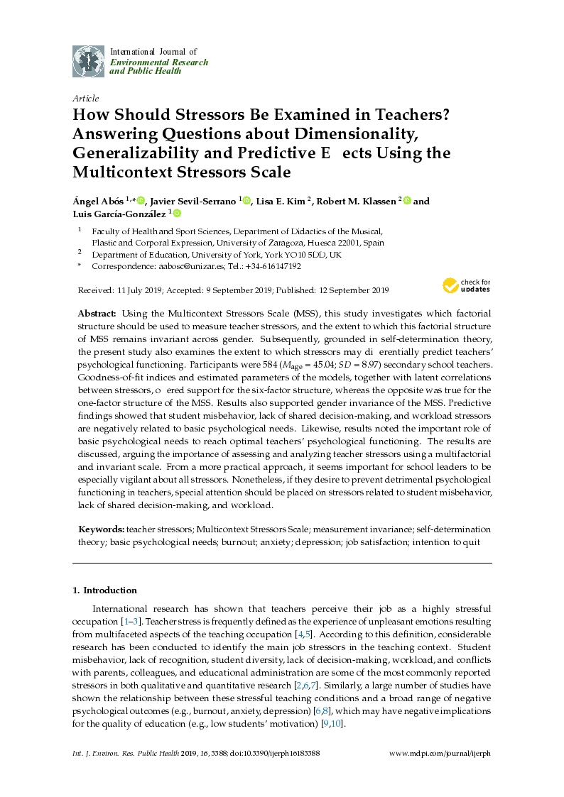 How should stressors be examined in teachers? answering questions about dimensionality, generalizability and predictive effects using the multicontext stressors scale