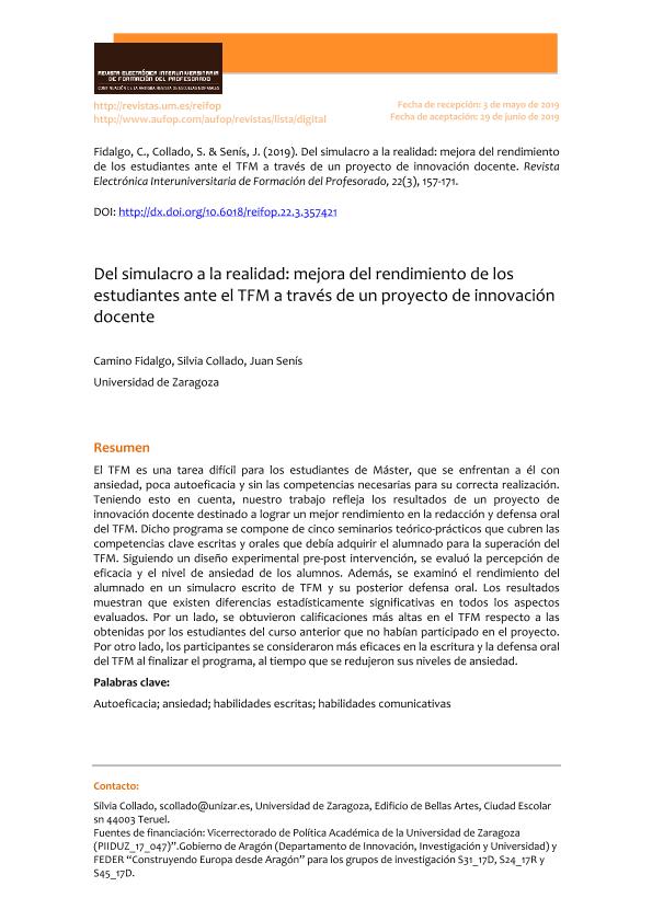 Del simulacro a la realidad: mejora del rendimiento de los estudiantes ante el TFM a través de un proyecto de innovación docente