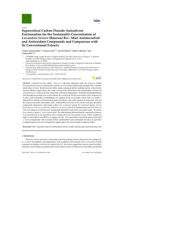 Supercritical carbon dioxide antisolvent fractionation for the sustainable concentration of lavandula luisieri (rozeira) Riv.- Mart antimicrobial and antioxidant compounds and comparison with its conventional extracts