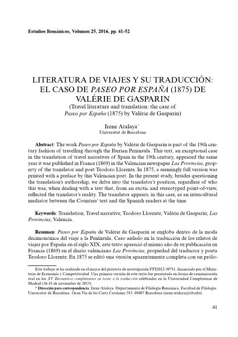 Literatura de viajes y su traducción: el caso de Paseo por España (1875) de Valérie de Gasparin