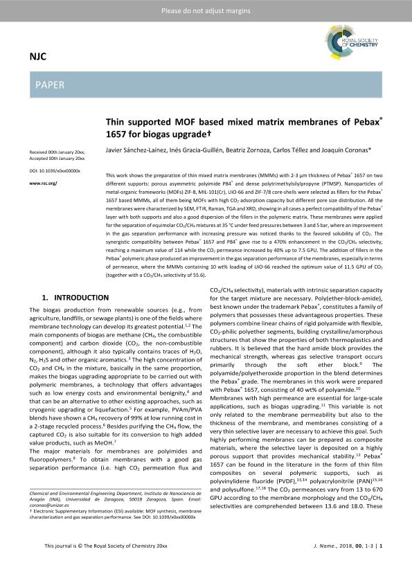 Thin supported MOF based mixed matrix membranes of Pebax® 1657 for biogas upgrade