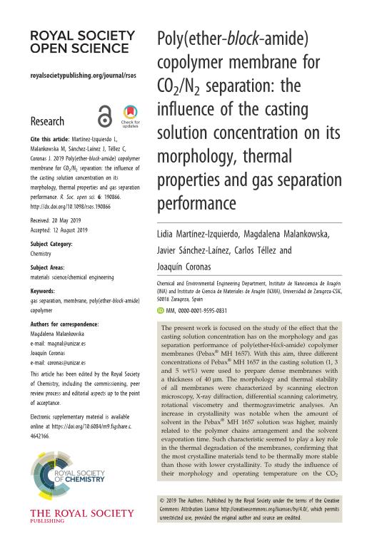 Poly(ether-block-amide) copolymer membrane for CO2/N-2 separation: the influence of the casting solution concentration on its morphology, thermal properties and gas separation performance