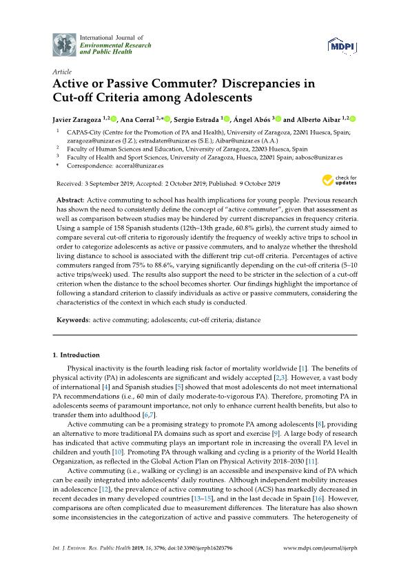 Active or passive commuter? Discrepancies in cut-off criteria among adolescents