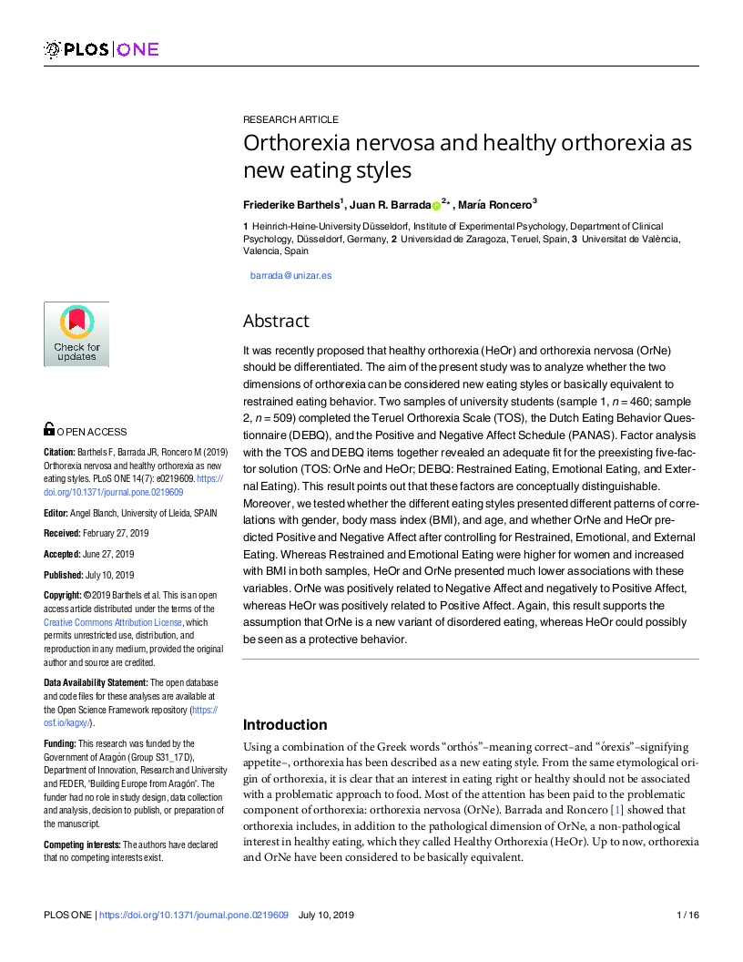 Orthorexia nervosa and healthy orthorexia as new eating styles