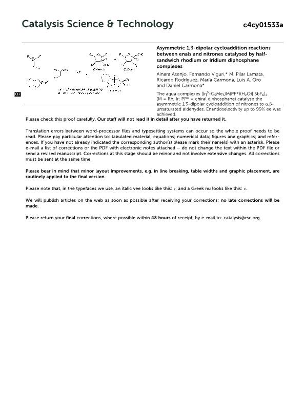 Asymmetric 1,3-dipolar cycloaddition reactions between enals and nitrones catalysed by half-sandwich rhodium or iridium diphosphane complexes