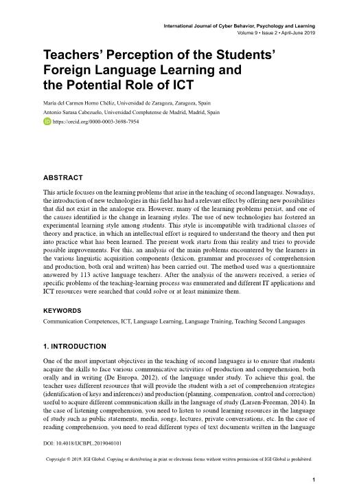 Teachers' perception of the students' foreign language learning and the potential role of ICT