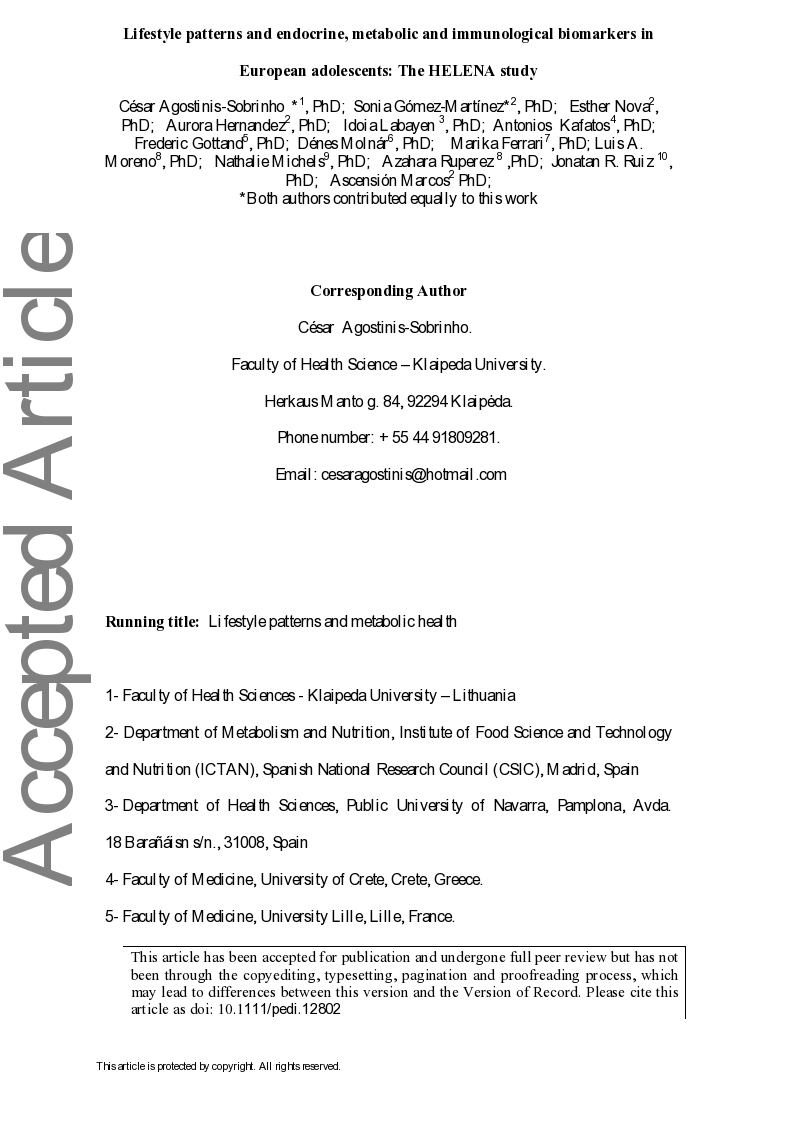 Lifestyle patterns and endocrine, metabolic, and immunological biomarkers in European adolescents: The HELENA study
