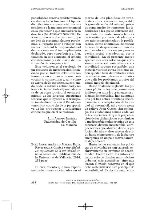Boix Palop, Andrés, y Marzal Raga, Reyes (eds.): Ciudad y movilidad. La regulación de la movilidad urbana sostenible